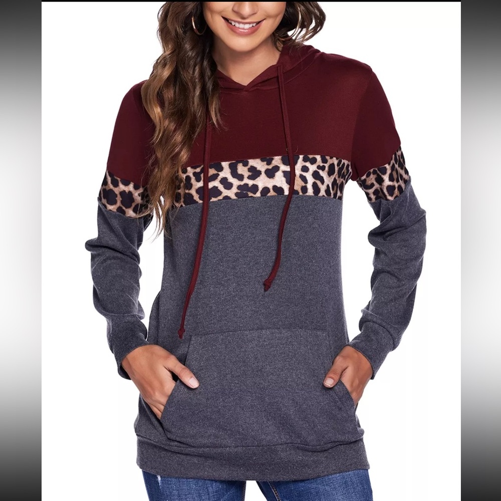Women Drawstring Pullover Hoodies Casual Long Sleeve Sweatshirt NWT Leopard